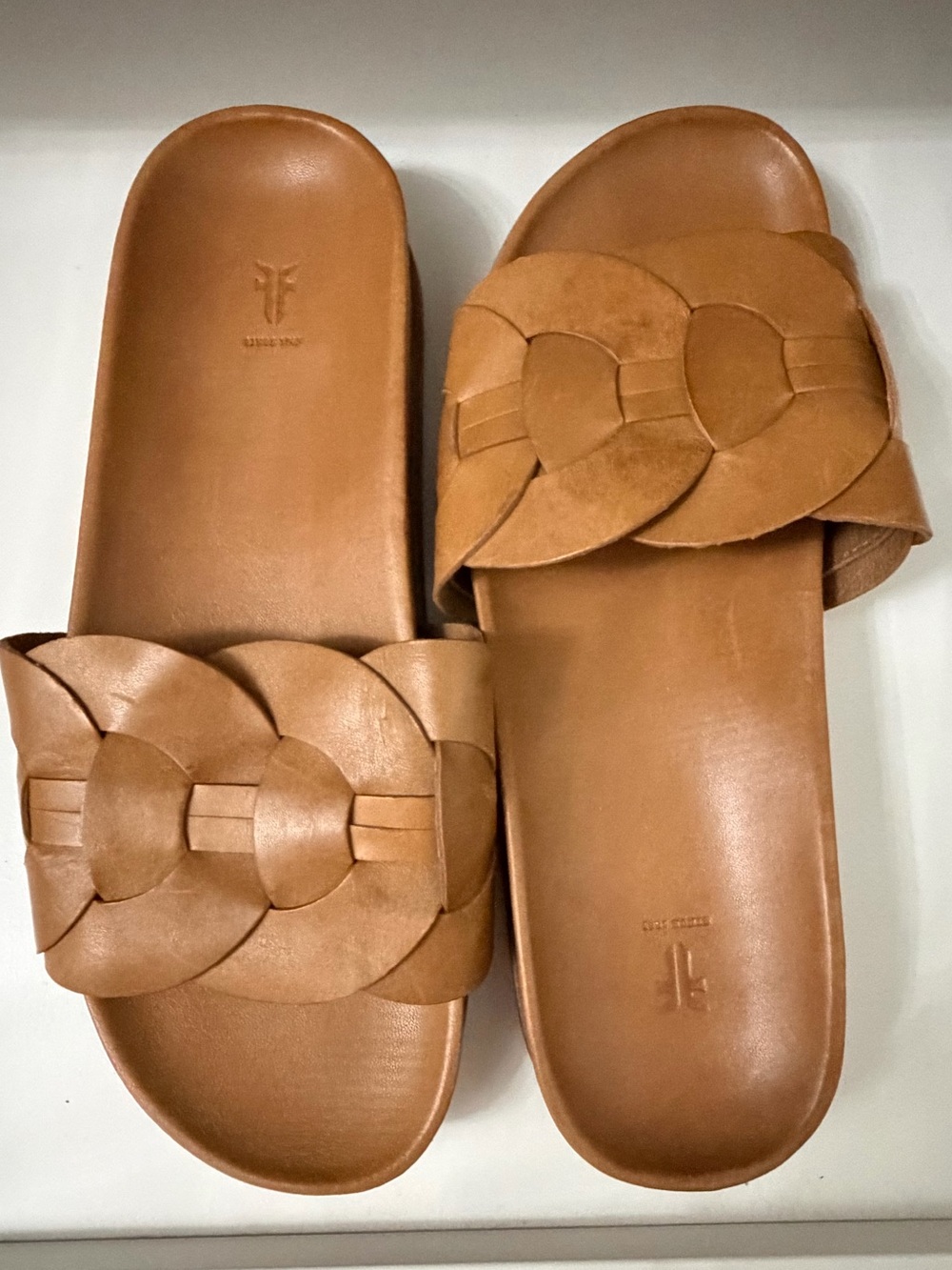 Frye Cognac Braided Leather Slide Sandals